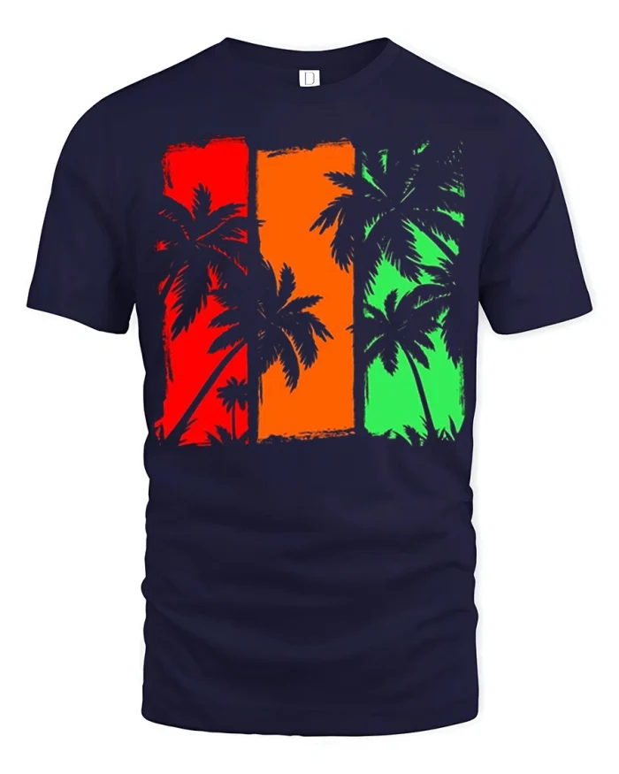 Retro Palm Tree Sunset Color Block Tropical T Shirt Vibes - navy t-shirt on white background