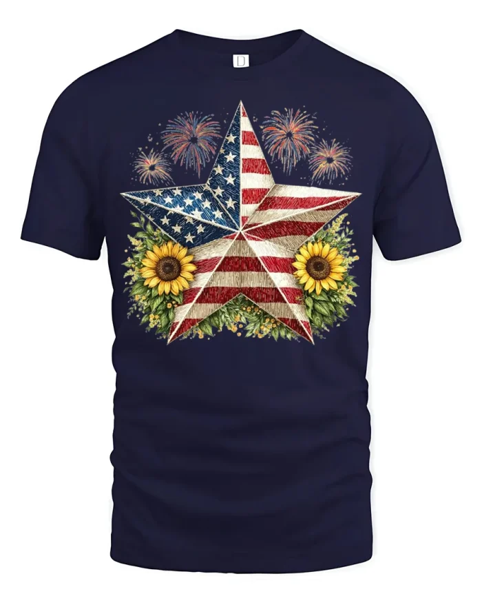 Vintage American Flag Star Sunflower Fireworks Patriotic Tshirt - navy t-shirt on white background