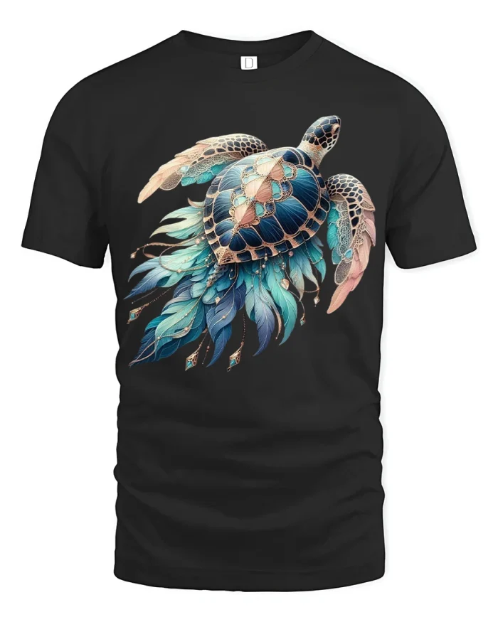Sea Turtle Feather Art Graphic Tshirt Soft Ocean Style Design - black t-shirt on white background
