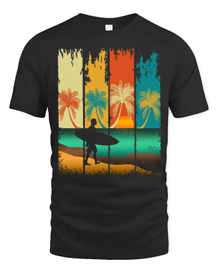 Vintage Surf Sunset Silhouette Graphic Tshirt Beach Vibes Style - black t-shirt on white background