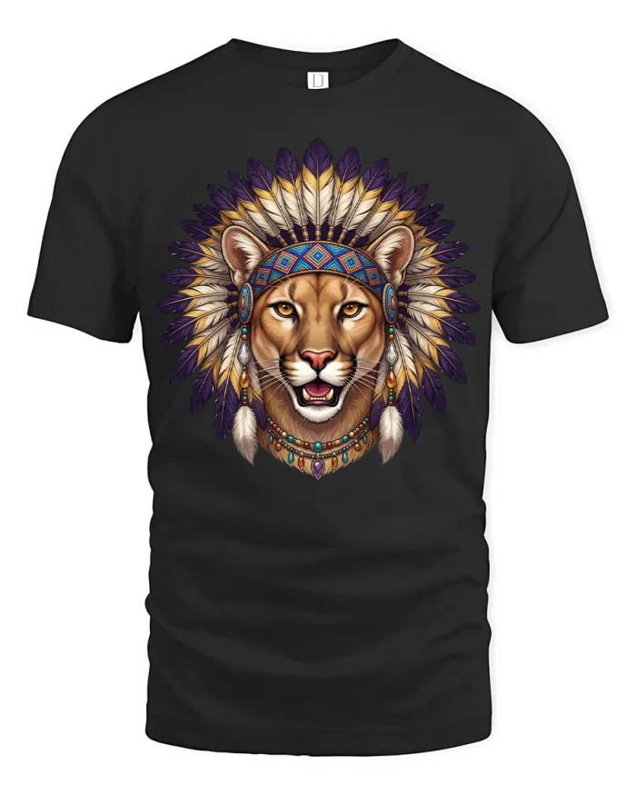 Majestic Lion Headdress Graphic Tshirt Tribal Spirit Style - black t-shirt on white background