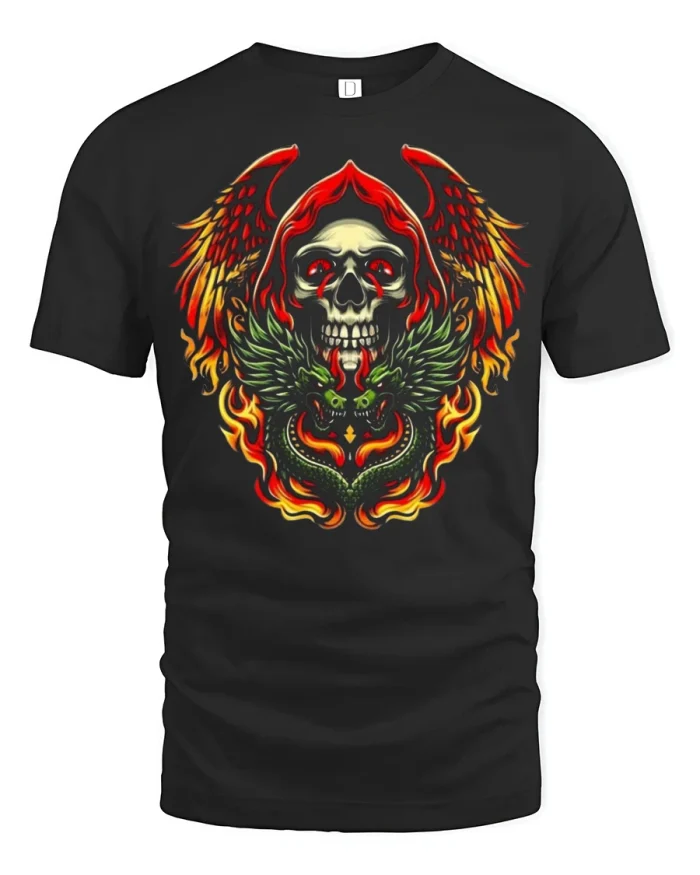 Fiery Skull Dragon Wings Graphic Tshirt Dark Fantasy Style - black t-shirt on white background