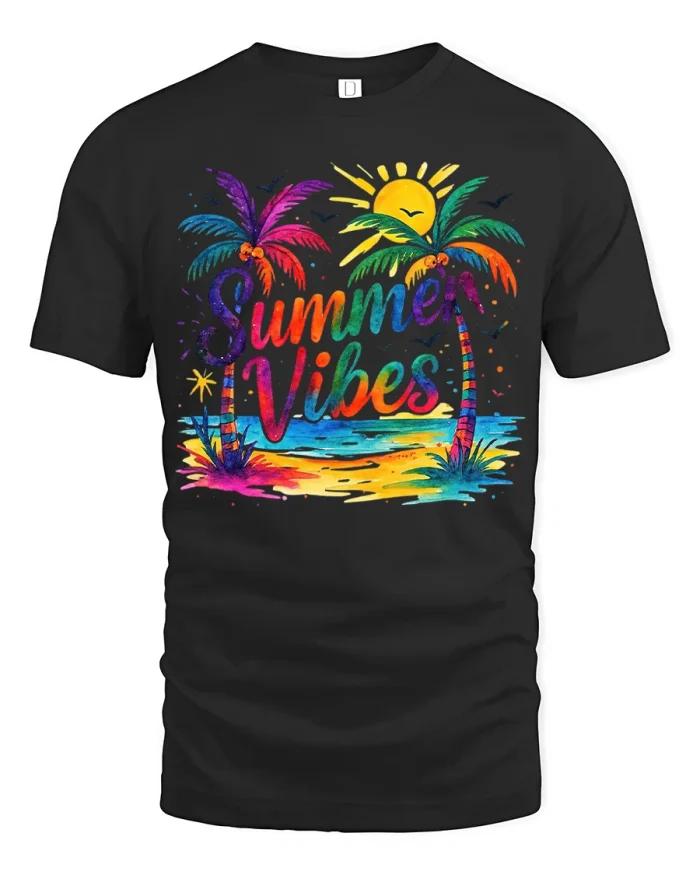 Colorful Summer Vibes Palm Beach Graphic Tshirt Bright Fun Style - black t-shirt on white background