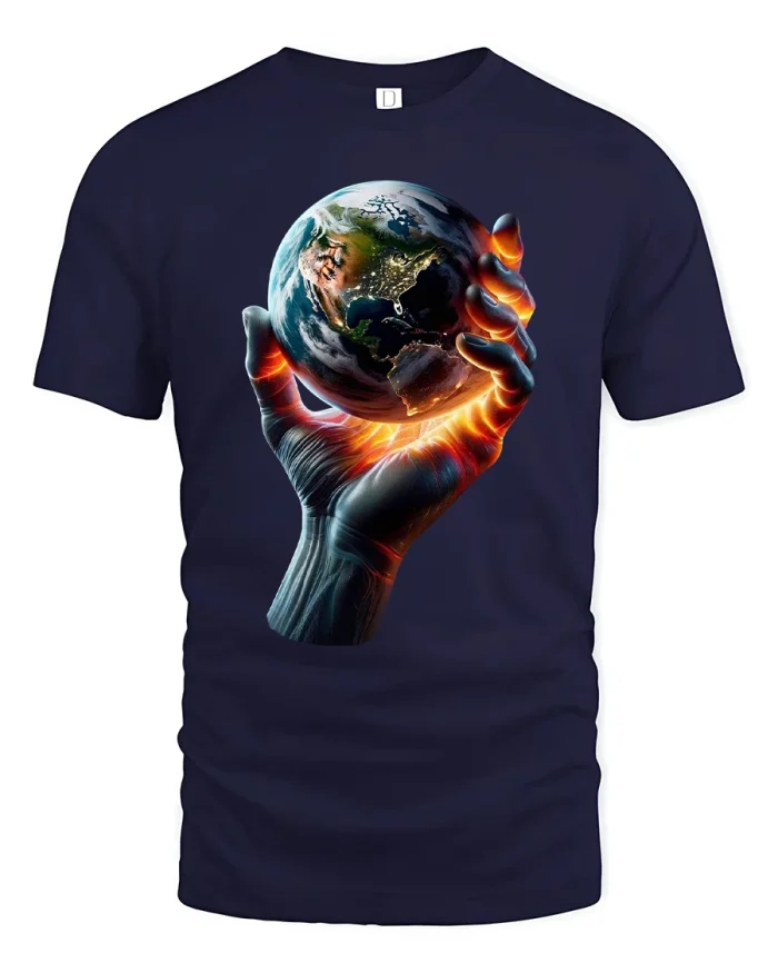 Power In Your Hands Earth Globe Graphic Tshirt Cosmic Energy Style - navy t-shirt on white background
