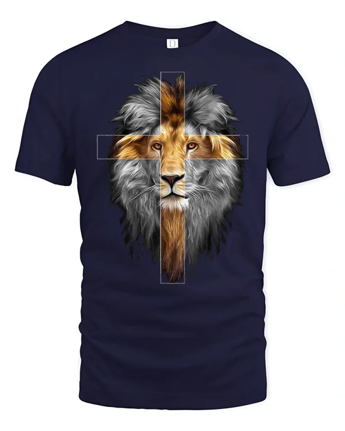 Lion Cross Faith Graphic Tshirt Powerful Spiritual Strength Style - navy t-shirt on white background