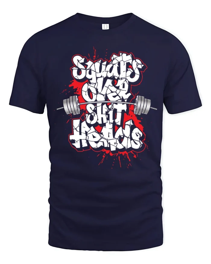 Squats And Chill Graphic Tshirt Funny Gym Workout Motivation Style - navy t-shirt on white background