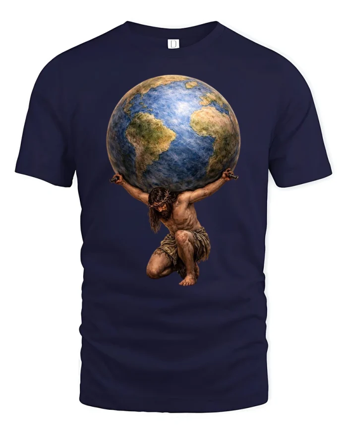 Atlas Holding World Globe Graphic Tshirt Powerful Mythology Style - navy t-shirt on white background