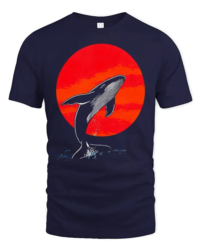 Whale Sunset Ocean Graphic Tshirt Calm Coastal Vibes Style - navy t-shirt on white background