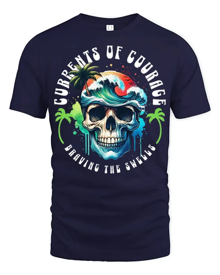 Courage Skull Surf Wave Graphic T Shirt Braving Shells Style - navy t-shirt on white background