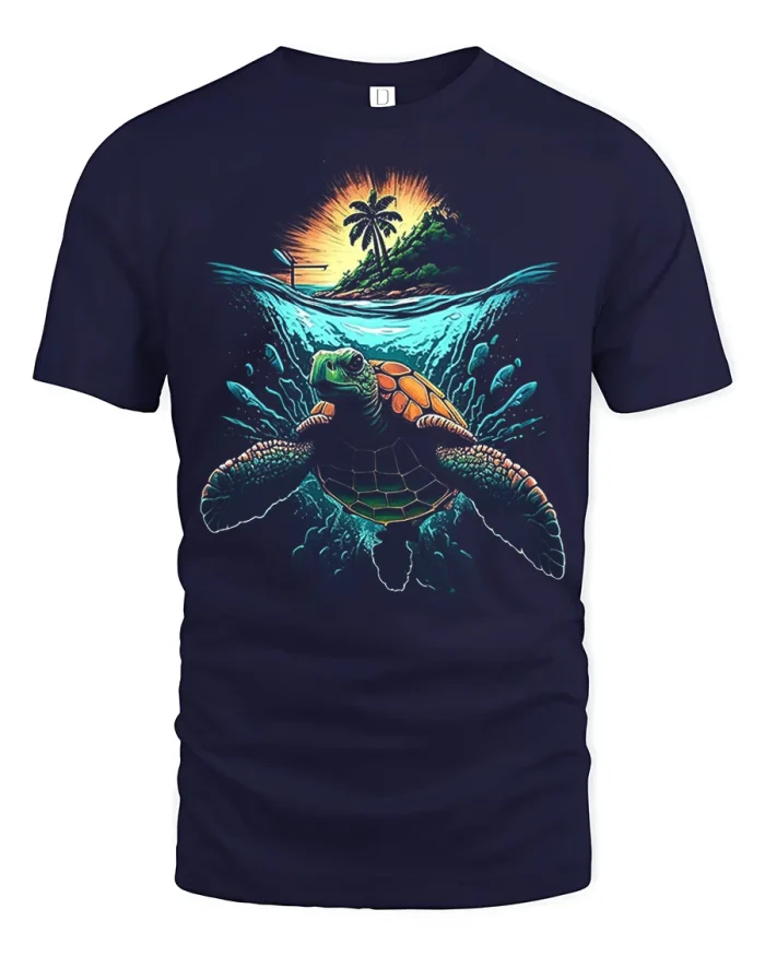 Ocean Turtle Wave Island Sunset Graphic T Shirt Tropical Vibes - navy t-shirt on white background