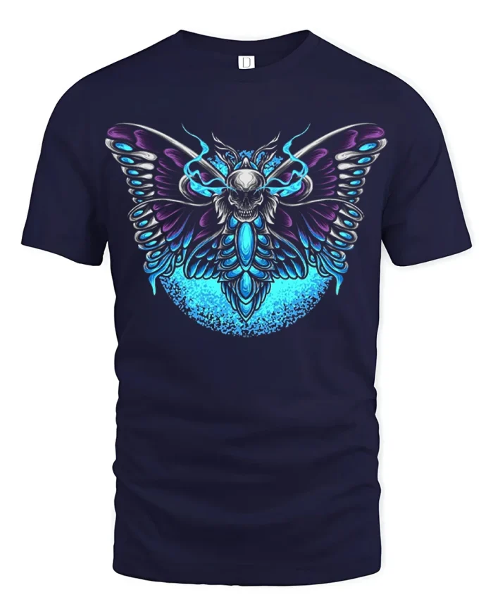 Neon Skull Butterfly Graphic T Shirt Dark Aesthetic Vibe - navy t-shirt on white background