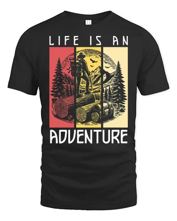 Life Is An Adventure Hiking Graphic T Shirt Vintage Outdoor Vibe - black t-shirt on white background