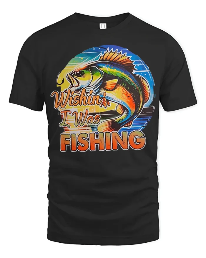 Wishin I Was Fishing Funny Bass Graphic T Shirt Retro Vibe - black t-shirt on white background