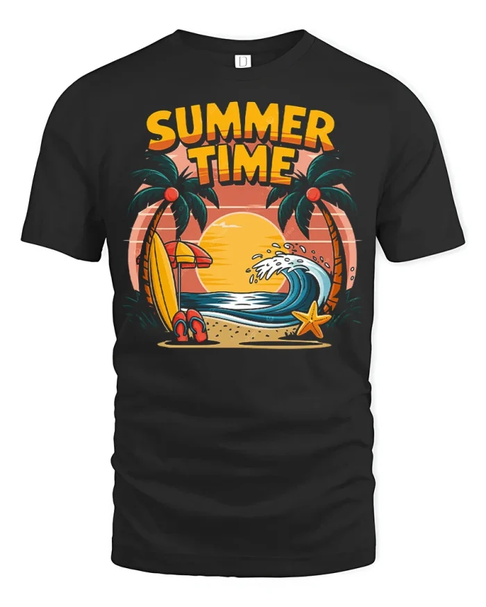 Summer Time Beach Surf Graphic T Shirt Tropical Vacation Vibe - black t-shirt on white background