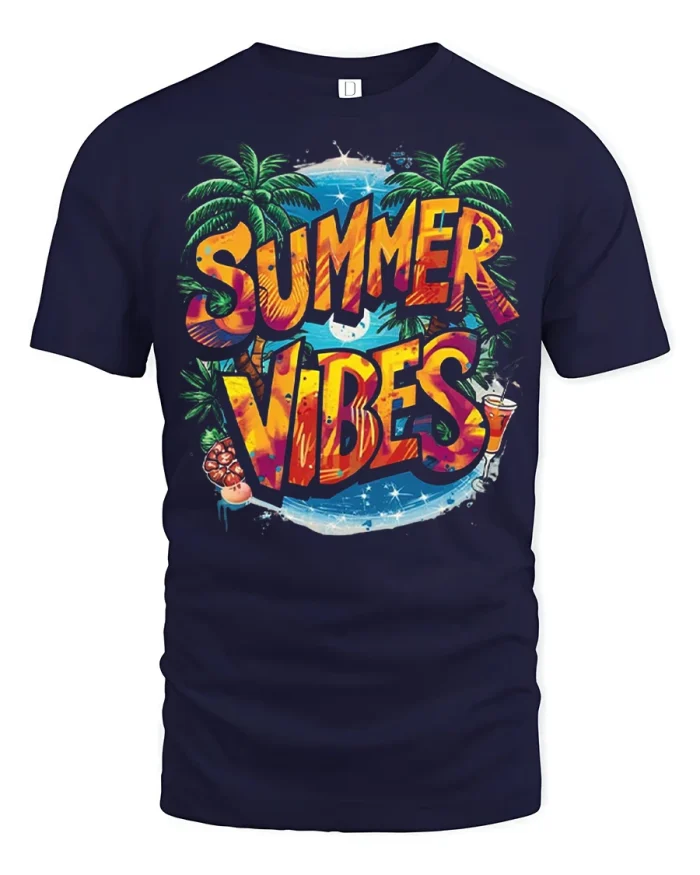 Summer Vibes Tropical Beach Graphic T Shirt Colorful Vacation Style - navy t-shirt on white background