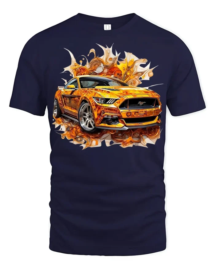 Orange Muscle Car Graphic T Shirt Bold Street Racing Style - navy t-shirt on white background