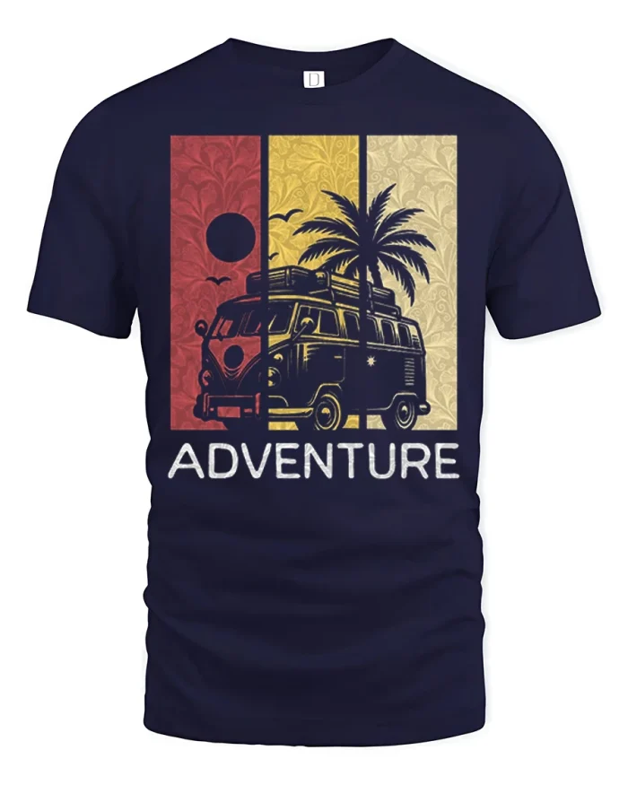 Adventure Camper Van Graphic T Shirt Retro Travel Vibes Style - navy t-shirt on white background