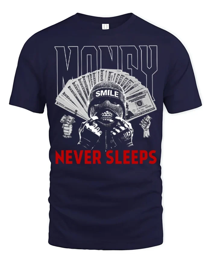 Money Never Sleeps Graphic T Shirt Hustle Mindset Street Style - navy t-shirt on white background