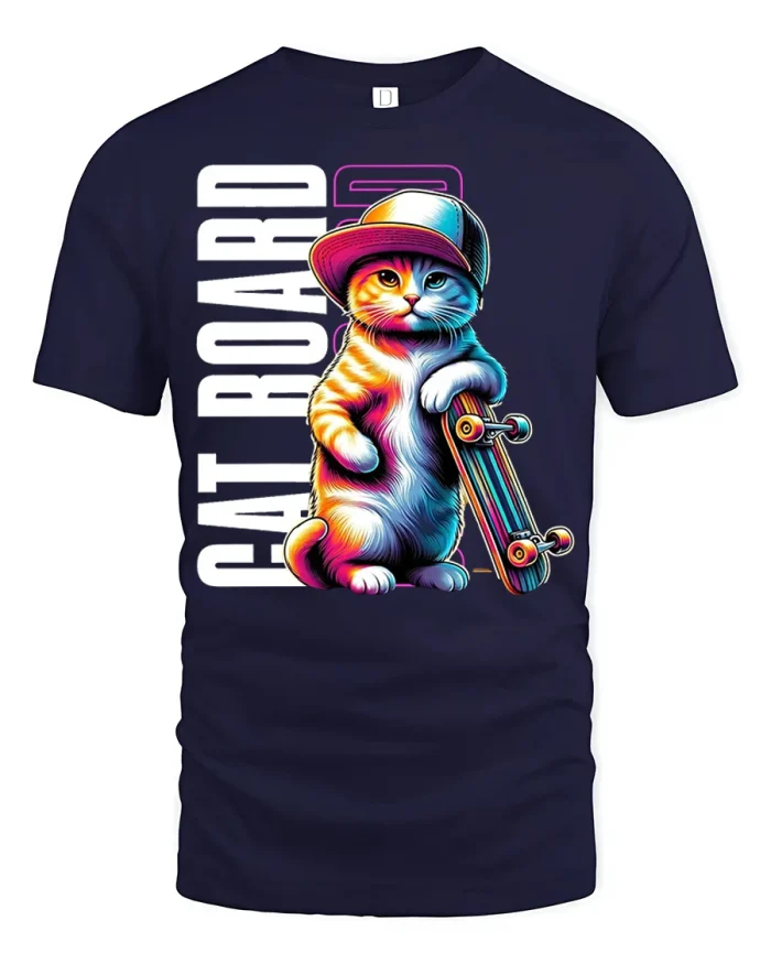 Cat Road Skateboard Graphic T Shirt Cool Street Style Vibe - navy t-shirt on white background
