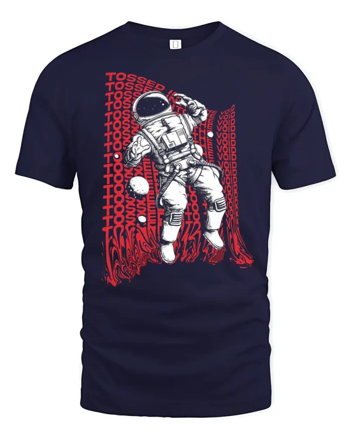 Astronaut Tossed Into The Void Graphic T Shirt Cosmic Vibe Style - navy t-shirt on white background