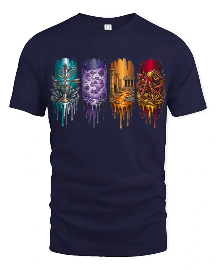 Mythic Elements Drip Art Graphic T Shirt Fantasy Symbols Style - navy t-shirt on white background