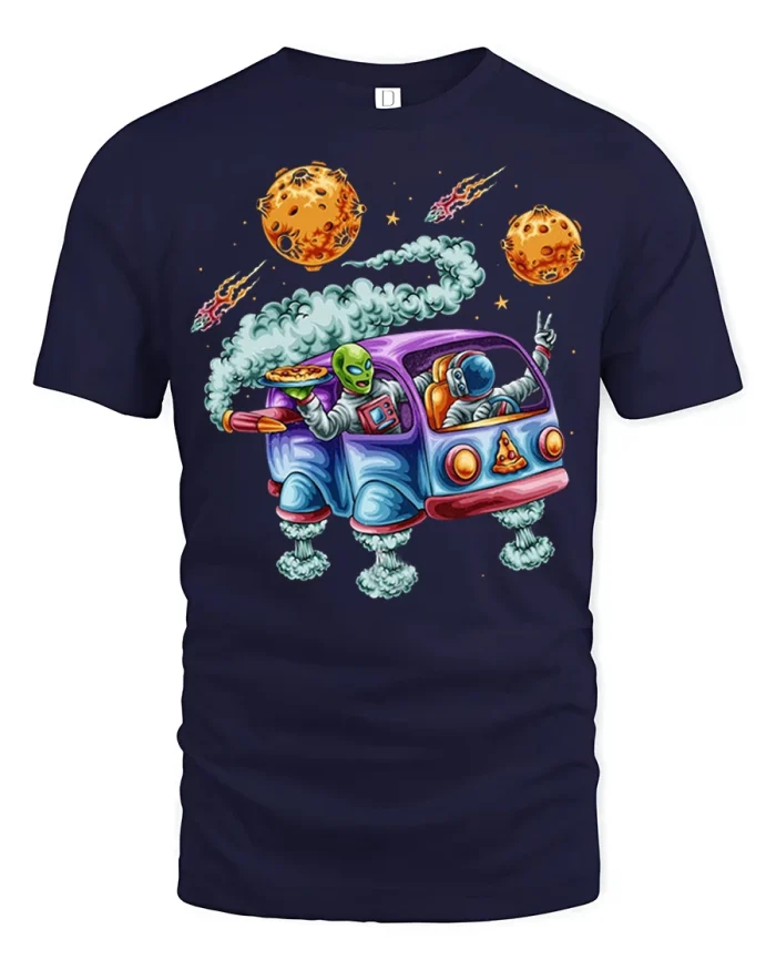 Funny Alien Pizza Space Van Graphic T Shirt Cosmic Adventure Vibe - navy t-shirt on white background