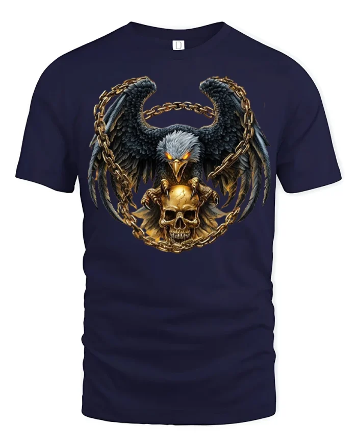Dark Eagle Skull Chain Graphic T Shirt Gothic Power Style - navy t-shirt on white background