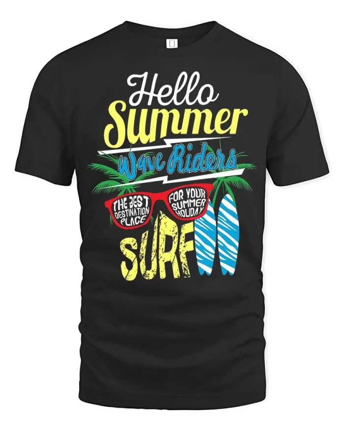 Hello Summer Wave Riders Surf Graphic T Shirt Beach Vibes Tee - black t-shirt on white background