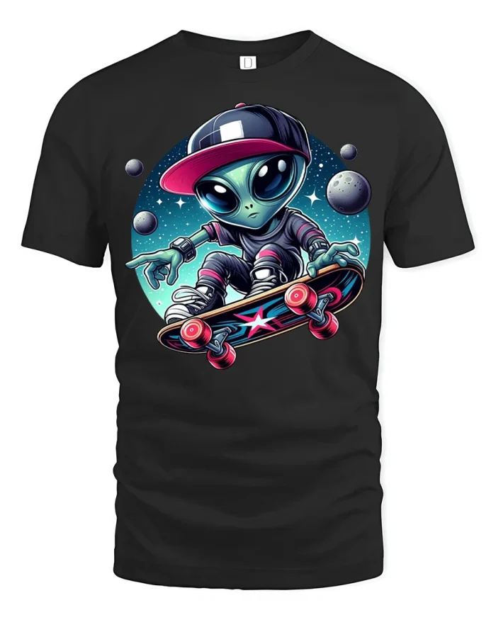 Skateboarding Alien Graphic T Shirt Cool Space Street Style - black t-shirt on white background