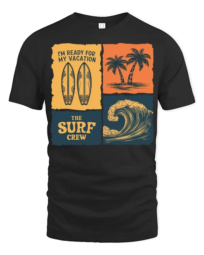 Surf Crew Vacation Ready Graphic T Shirt Retro Beach Vibes Style - black t-shirt on white background