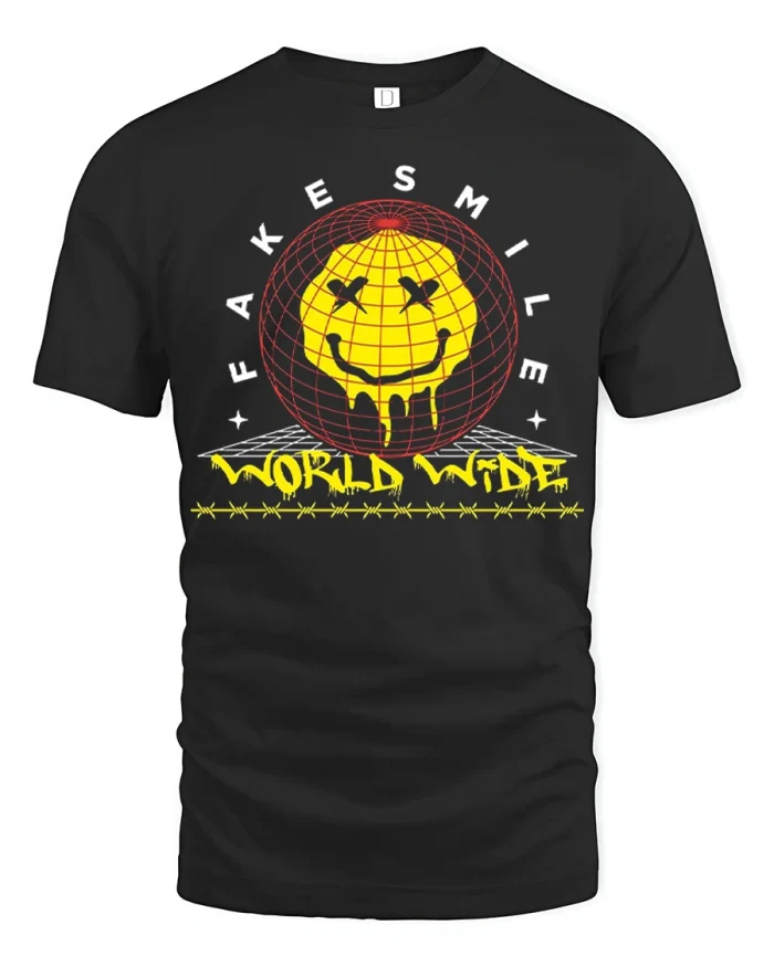 Fake Smile World Wide Graphic T Shirt Drip Face Street Style Tee - black t-shirt on white background