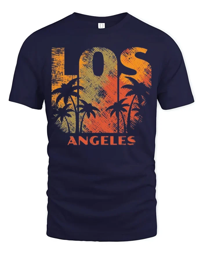 Los Angeles Sunset Palm Tree Graphic T Shirt Vintage City Tee - navy t-shirt on white background