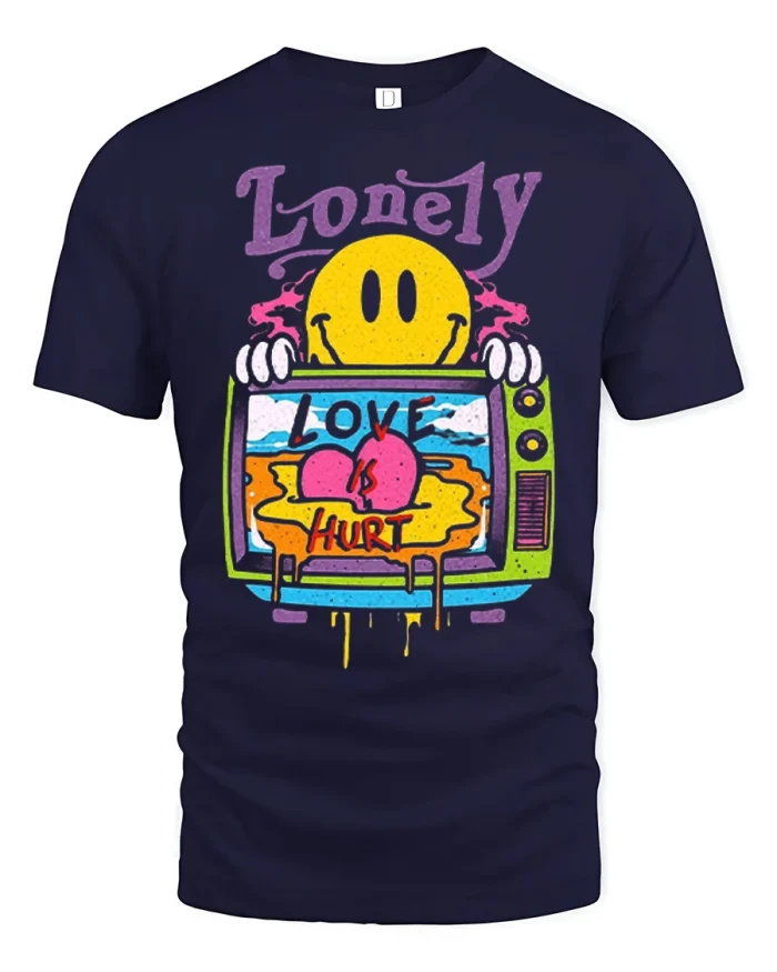Lonely Love Is Hurt Graphic T Shirt Sad Smile Retro TV Style Tee - navy t-shirt on white background