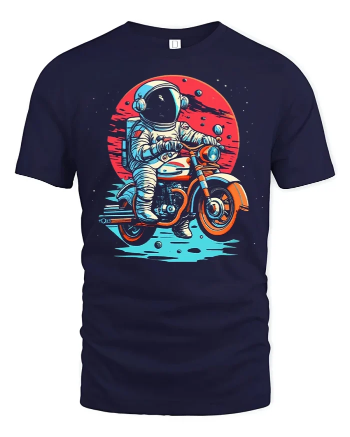 Astronaut Riding Motorcycle Graphic T Shirt Space Biker Tee - navy t-shirt on white background