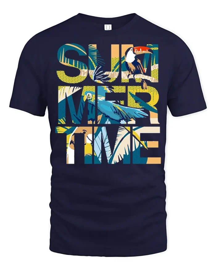 Summer Time Tropical Toucan Graphic T Shirt Vacation Vibes Tee - navy t-shirt on white background