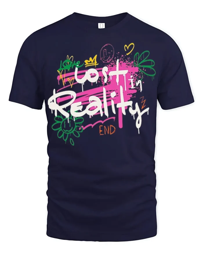 Lost In Reality Graffiti Style Graphic T Shirt Street Art Tee - navy t-shirt on white background