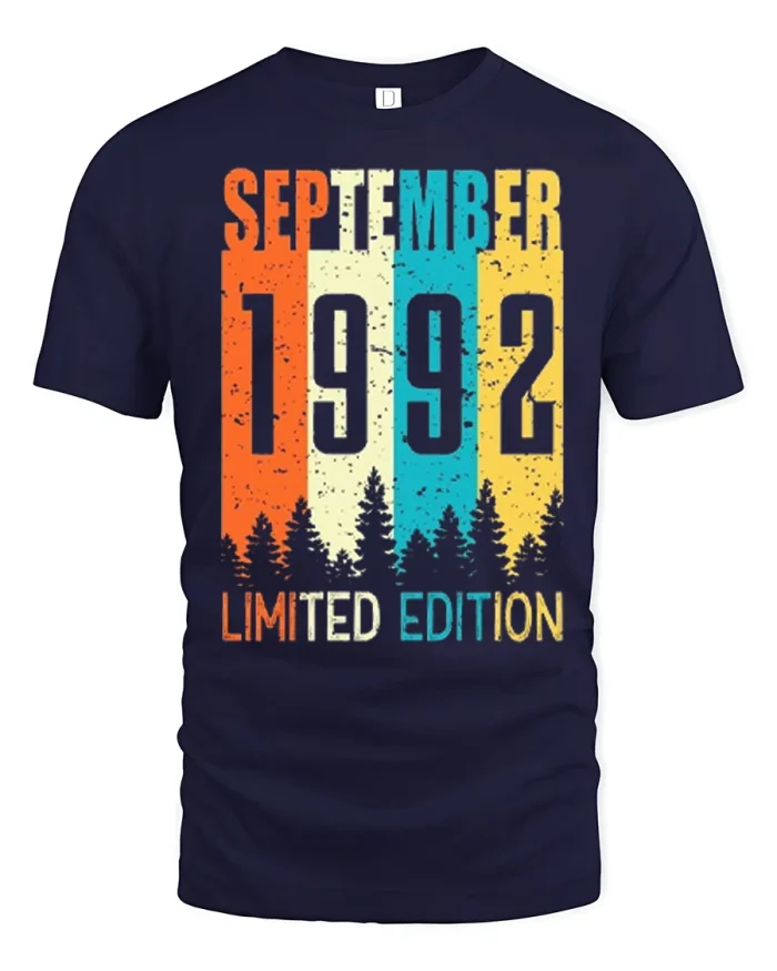 September 1992 Limited Edition Vintage Birthday Graphic T Shirt - navy t-shirt on white background