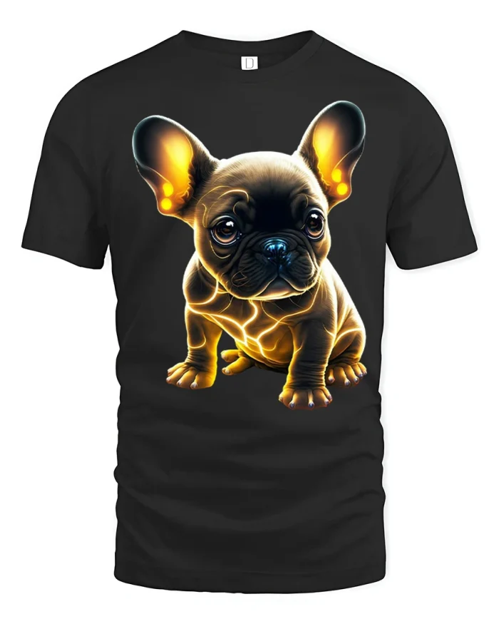 Neon Glow French Bulldog Puppy Graphic T Shirt Cute Dog Tee - black t-shirt on white background