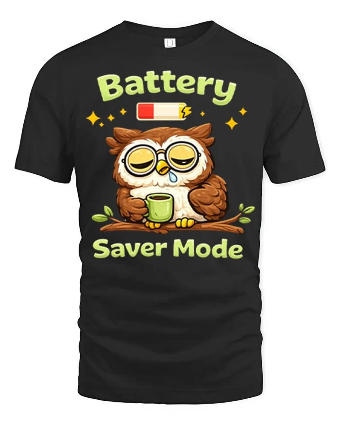 Battery Saver Mode Sleepy Owl Coffee Graphic T Shirt Funny Tee - black t-shirt on white background