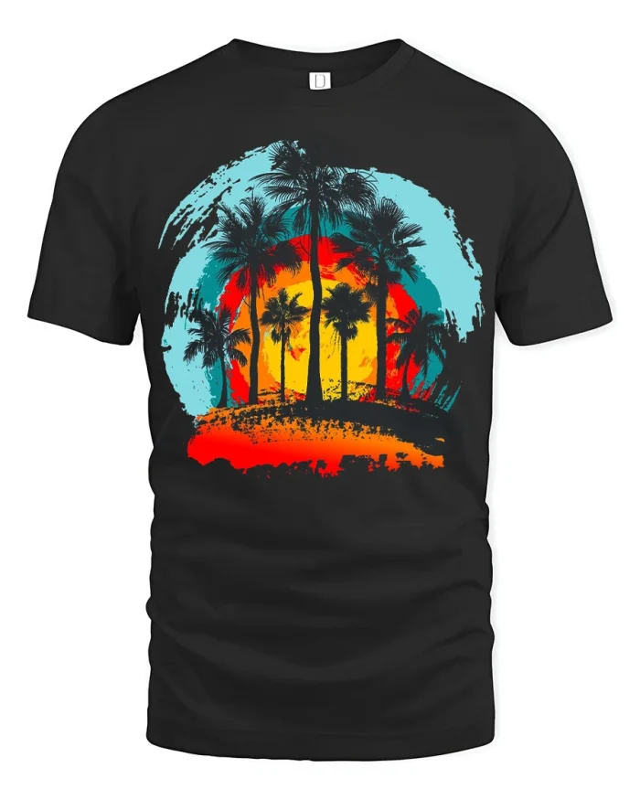 Retro Sunset Palm Trees Beach Vibes Graphic T Shirt Summer Tee - black t-shirt on white background