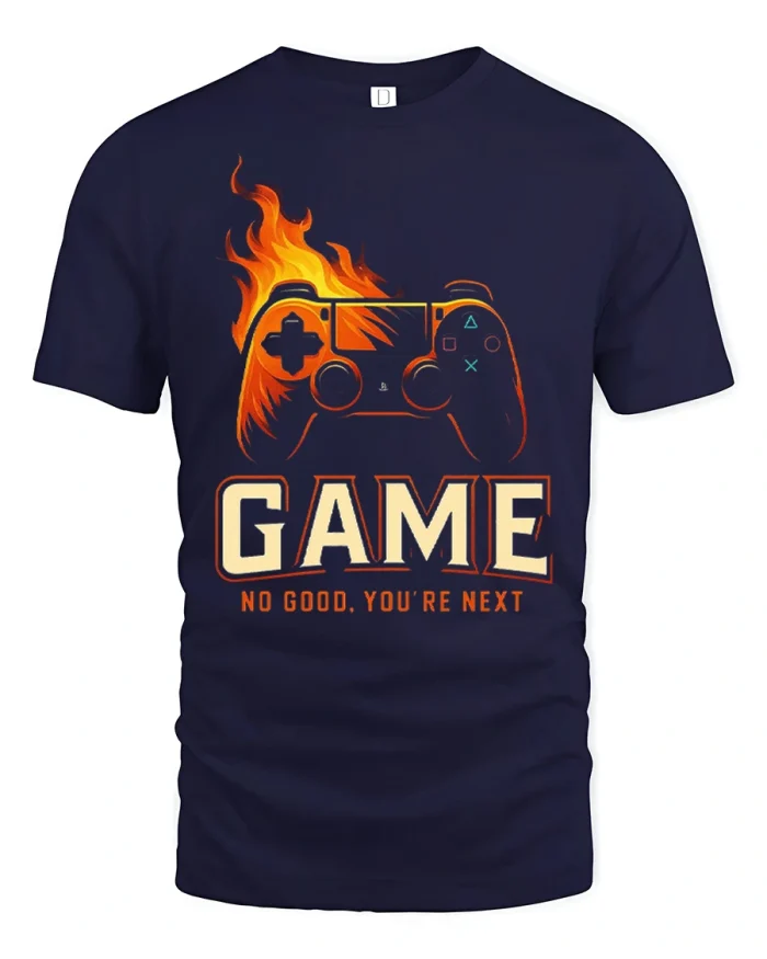 Fire Gaming Controller Game Over Graphic T Shirt Cool Gamer Tee - navy t-shirt on white background