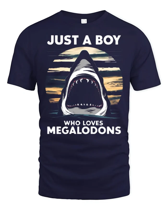 Just A Boy Who Loves Megalodons Graphic T Shirt Shark Lover Tee - navy t-shirt on white background