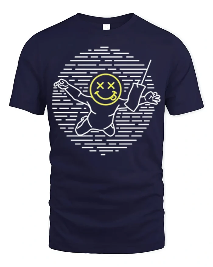 Smiley Face Jump Graphic T Shirt Retro Funny Vibe Cool Tee - navy t-shirt on white background