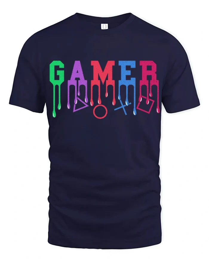 Gamer Drip Neon Graphic T Shirt Colorful Gaming Streetwear Tee - navy t-shirt on white background