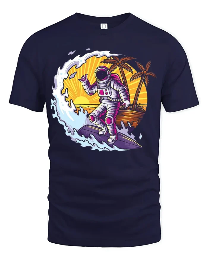 Astronaut Surfing Wave Graphic T Shirt Space Beach Vibe Tee - navy t-shirt on white background