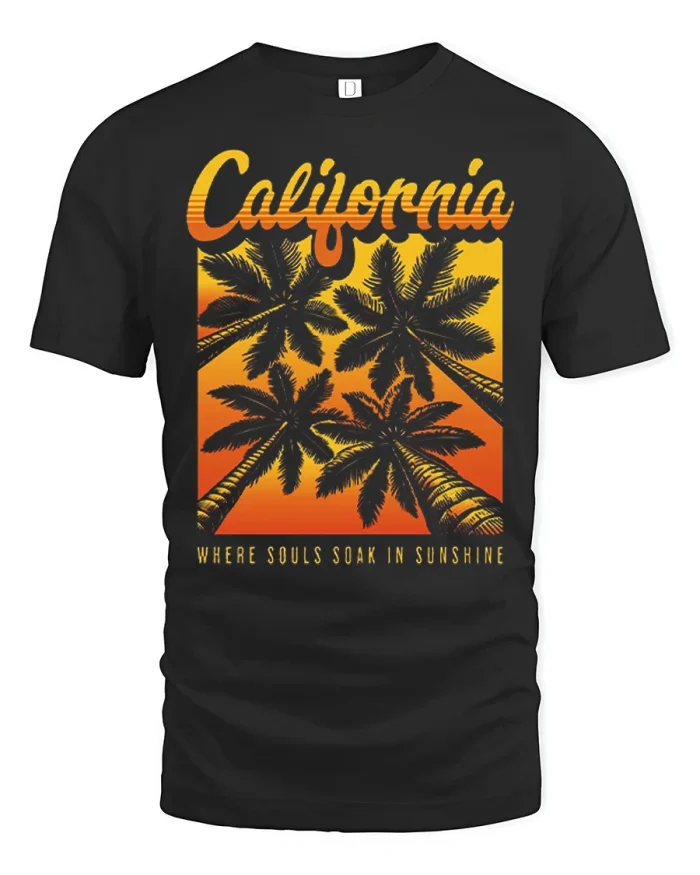 California Sunset Palm Trees Vintage Beach Vacation T Shirt - black t-shirt on white background
