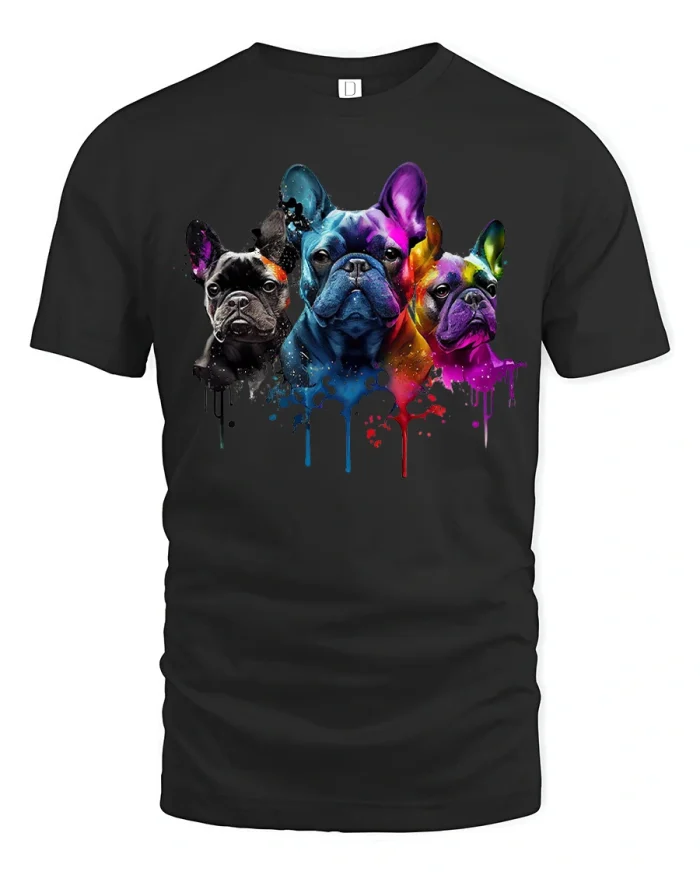 Colorful French Bulldog Trio Paint Splash Graphic T Shirt - black t-shirt on white background