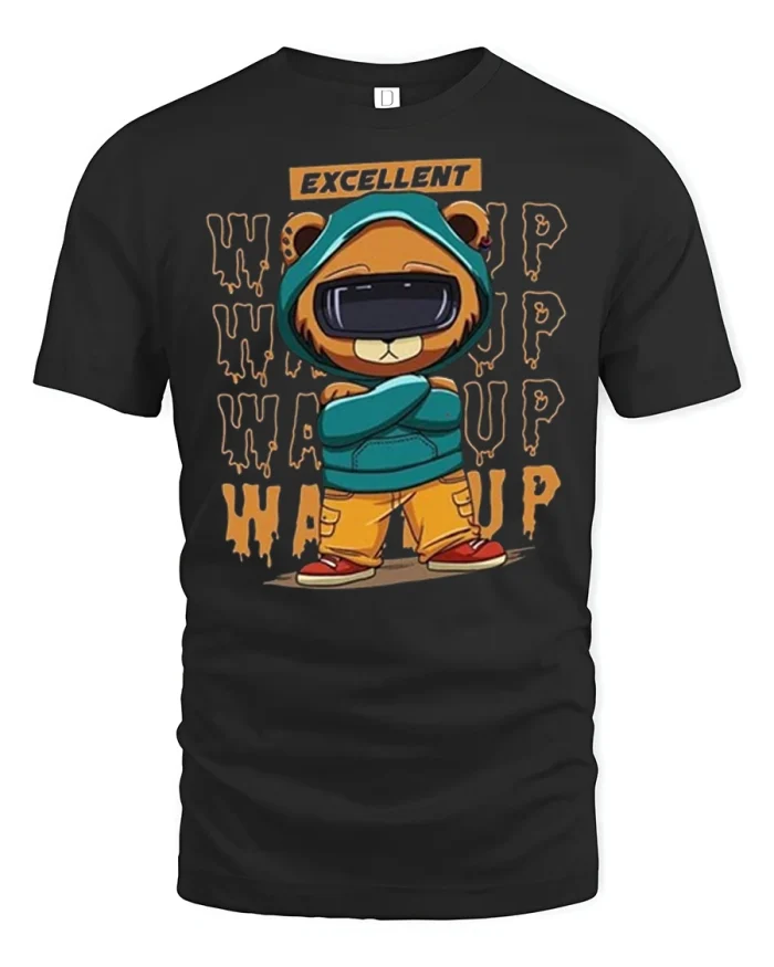 Excellent Wazzup Funny Bear Cartoon Graphic T Shirt - black t-shirt on white background