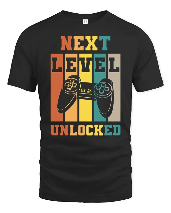 Next Level Unlocked Retro Gamer Video Game T Shirt - black t-shirt on white background