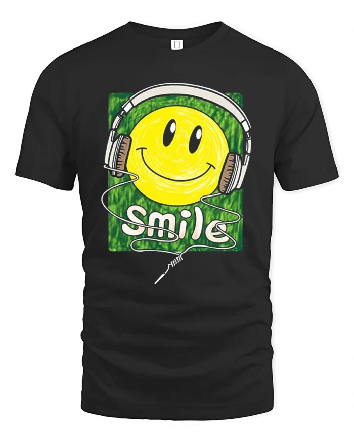 Smiley Face Headphones Music Vibes Graphic T Shirt Style - black t-shirt on white background